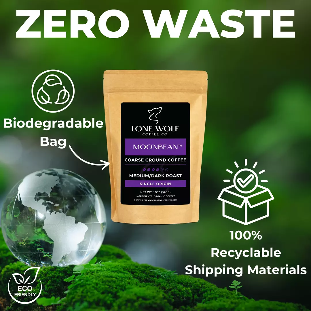 Lone Wolf Coffee Moonbean Coarse Ground bag shown with biodegradable packaging and 100% recyclable shipping materials in an eco-friendly setting.