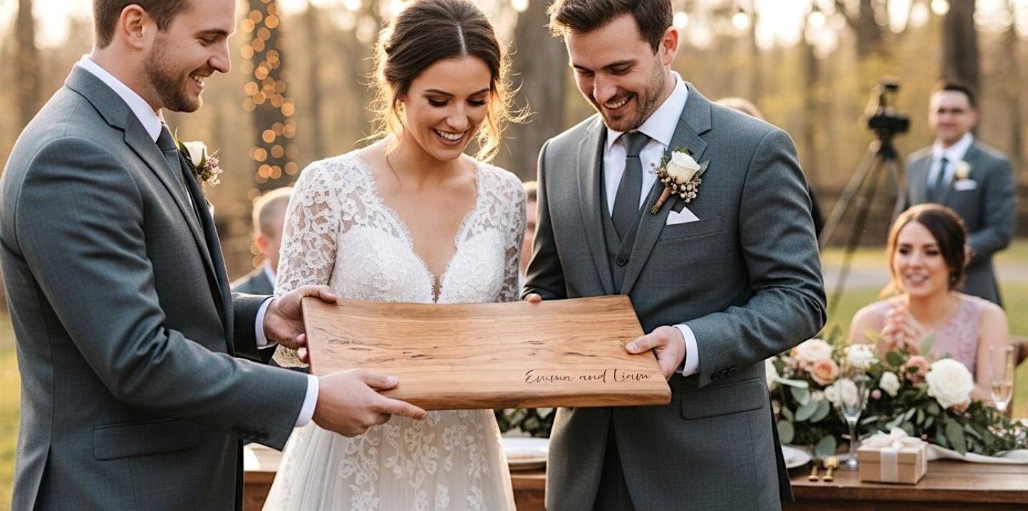 Wedding couple receiving a personalized live edge cherrywood charcuterie board as a wedding gift