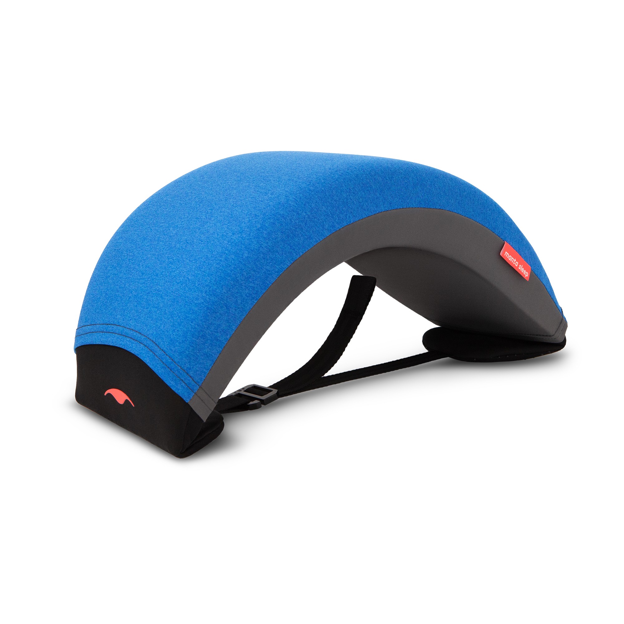A blue nap pillow shaped like an arc for power naps.