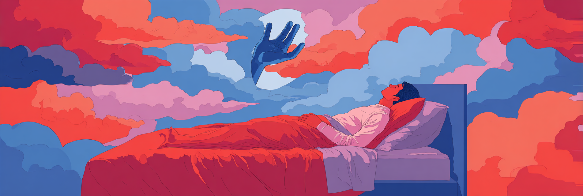 A sleeping man who is lucid dreaming, practicing a reality check while in a dream state. Above him is a 4-fingered hand.
