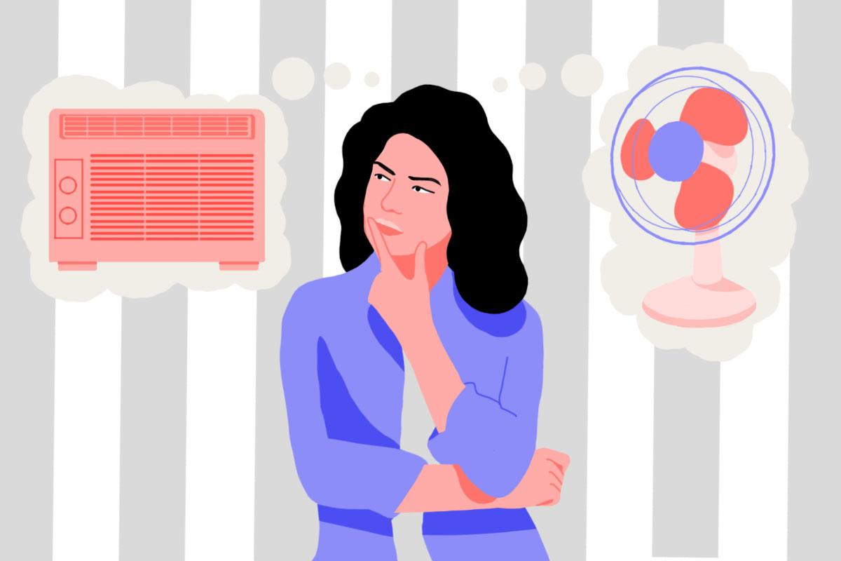 A girl deciding between a fan or AC. There are 2 thought bubbles over her head. The left contains a fan; the other contains an air conditioner.