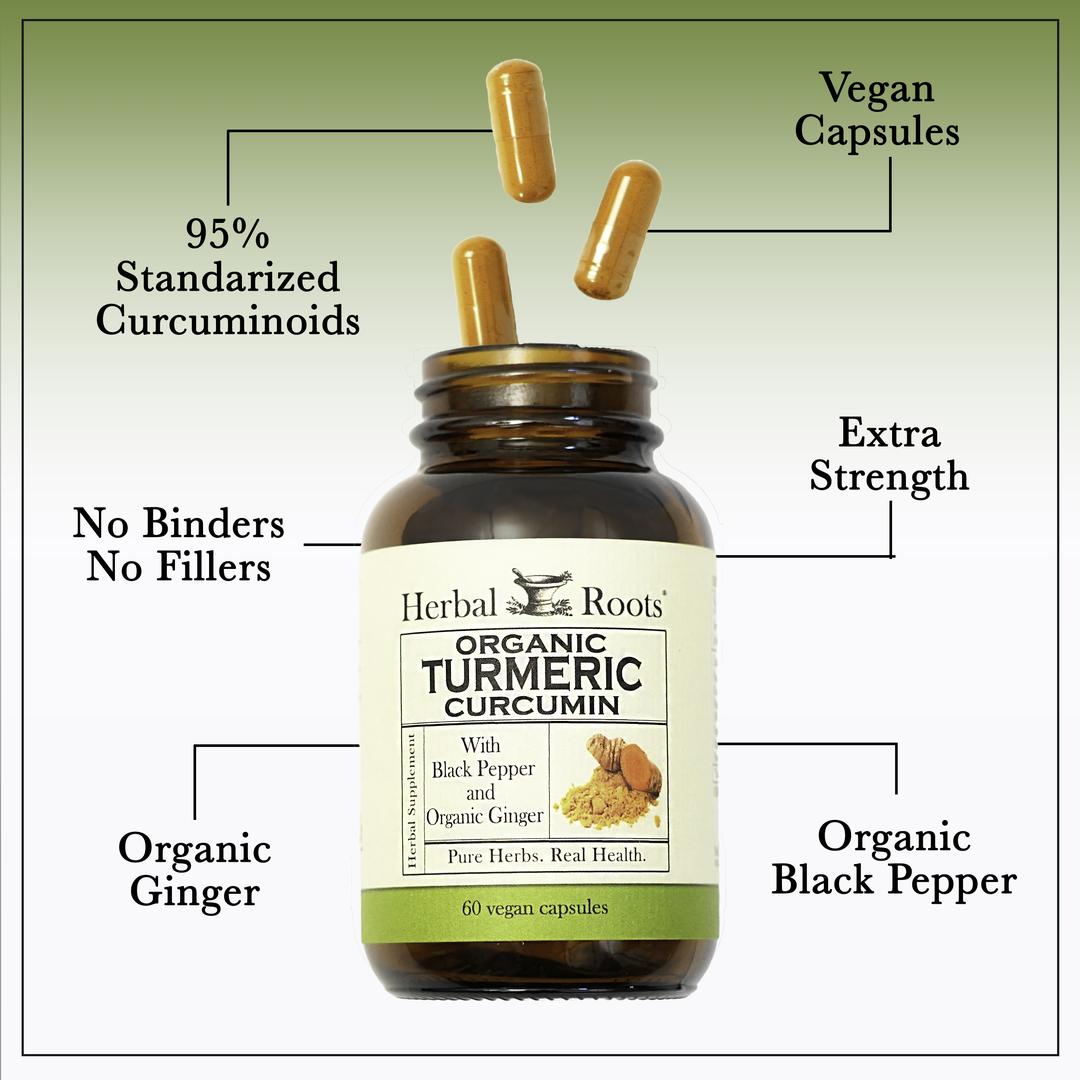 Bottle of Herbal Roots Organic with three pills spilling out of the top of the bottle. There are several lines pointing to the bottle and the capsules. The lines say 95% standardized curcuminoids, Vegan Capsules, extra strength, No Binders or fillers, black pepper promotes absorption and organic ginger.