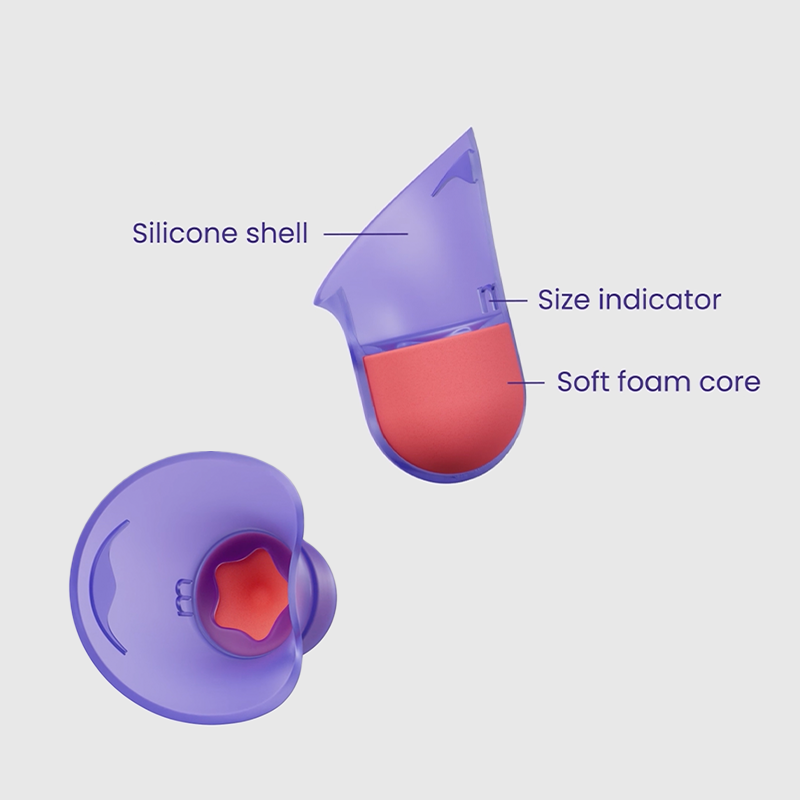 A pair of purple and pink earplugs, labeled to indicate their parts.