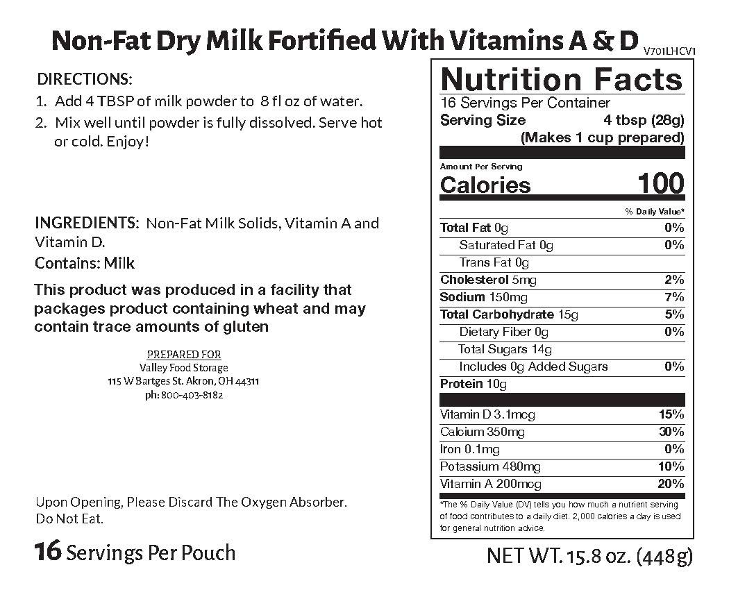 Valley Food Storage Fortified Non-Fat Dry Milk Long Term Food Storage Nutrition Label