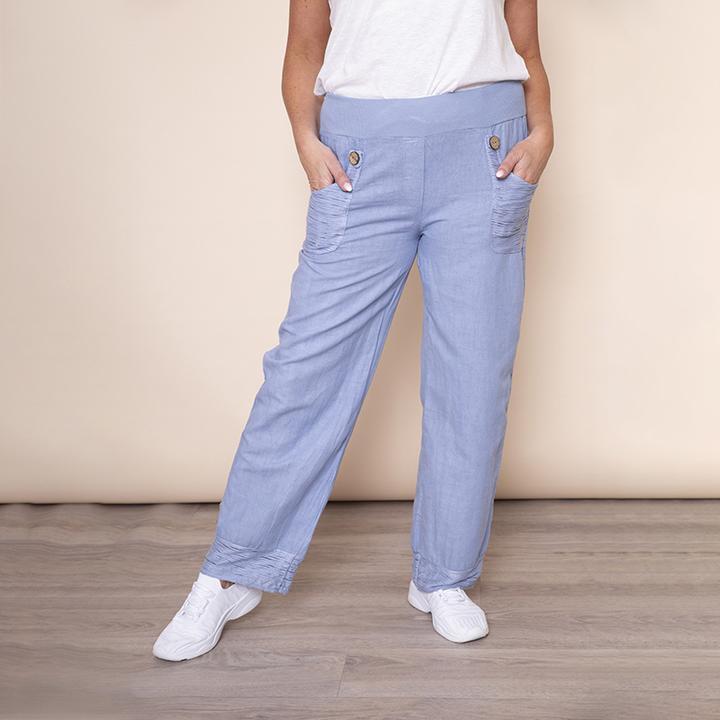 Stretch Waist Pocket Linen Trouser in Blue