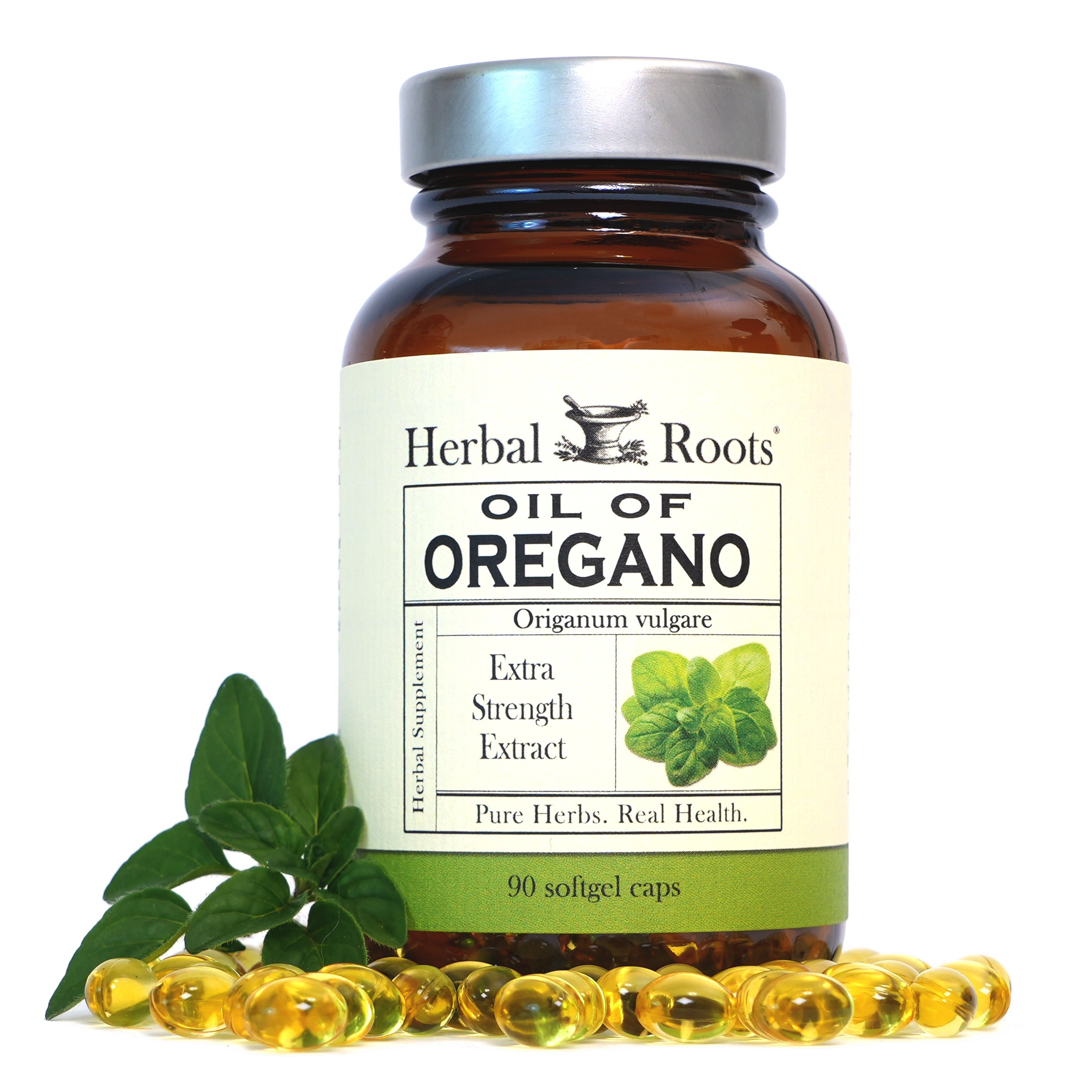 Herbal Roots Oregano oil bottle with yellow gel caps and fresh oregano