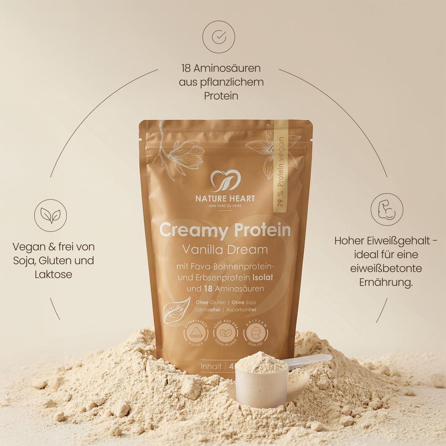 Nature Heart Creamy Protein Vanilla Dream Beutel mit Vanille-Shake im Glas, Vanilleschoten und Orchideenblüten