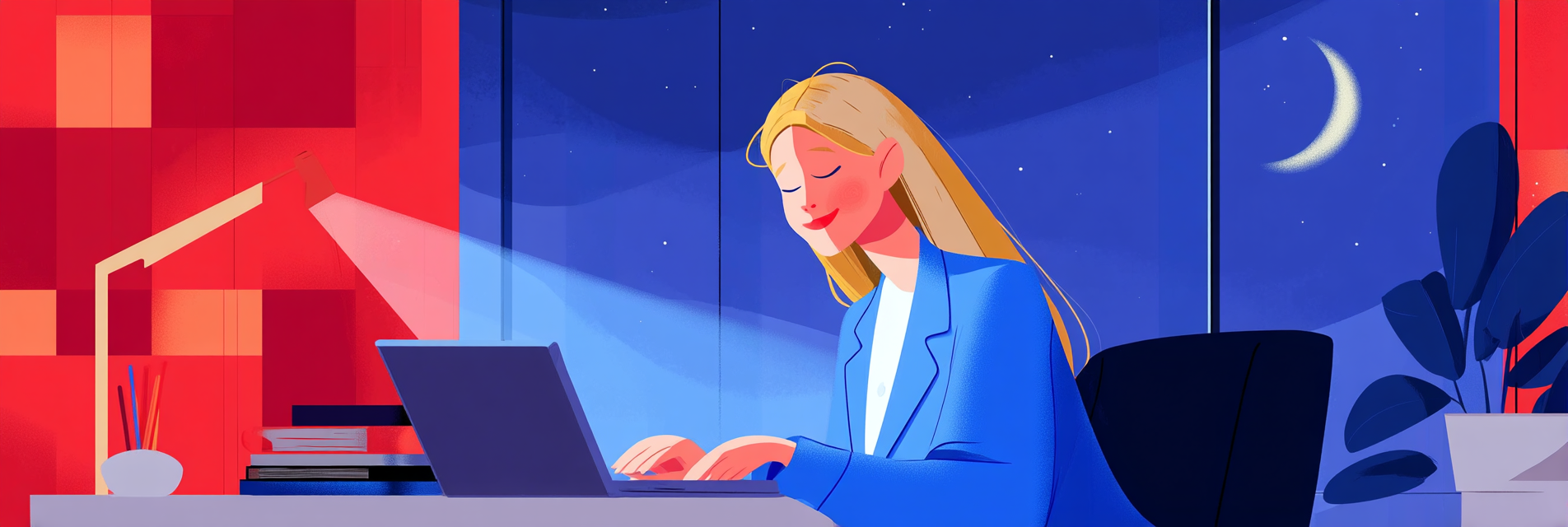 A woman with a night owl chronotype sitting on her desk and working in the evening.