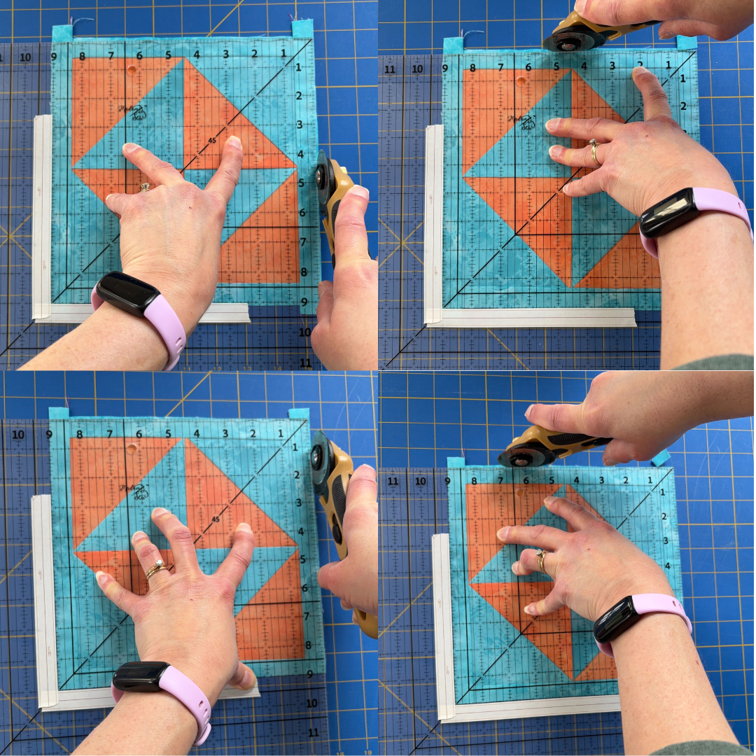 Using a 12.5” Square Up Ruler to square up a 9” block on all four sides.