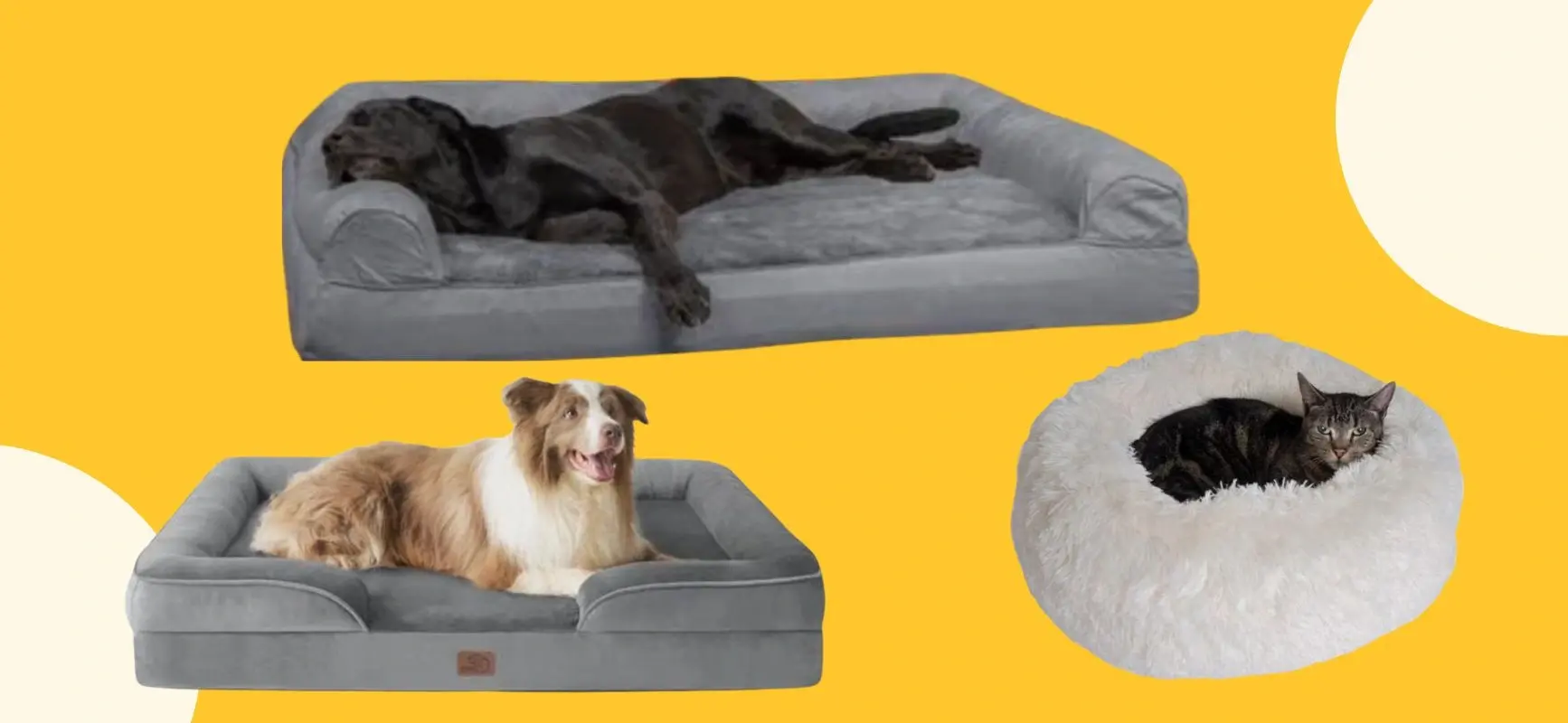 A collection of three dog and cat beds arranged on a vibrant yellow background, highlighting different designs and textures.