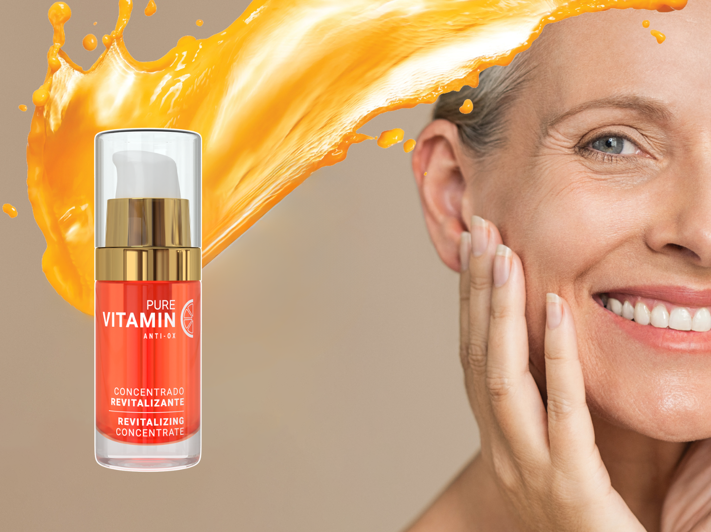 On the left: Noche's Vitamin C Serum. On the right: senior woman touching her cheek.