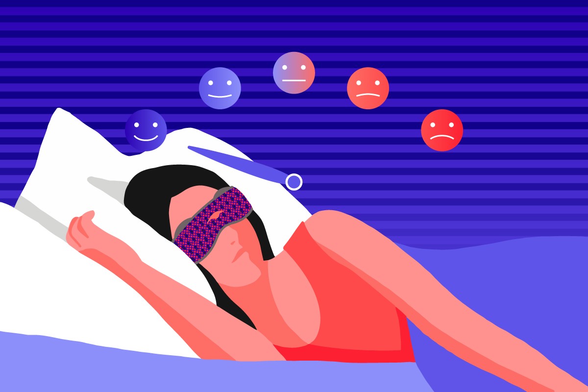 A girl wearing a sleep mask in bed with a stress meter over her head shows how sleep reduces stress.