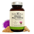 Bottle of Herbal Roots Milk Thistle with capsules and milk thistle seeds surrounding the bottle and a milk thistle flower on the left of the bottle