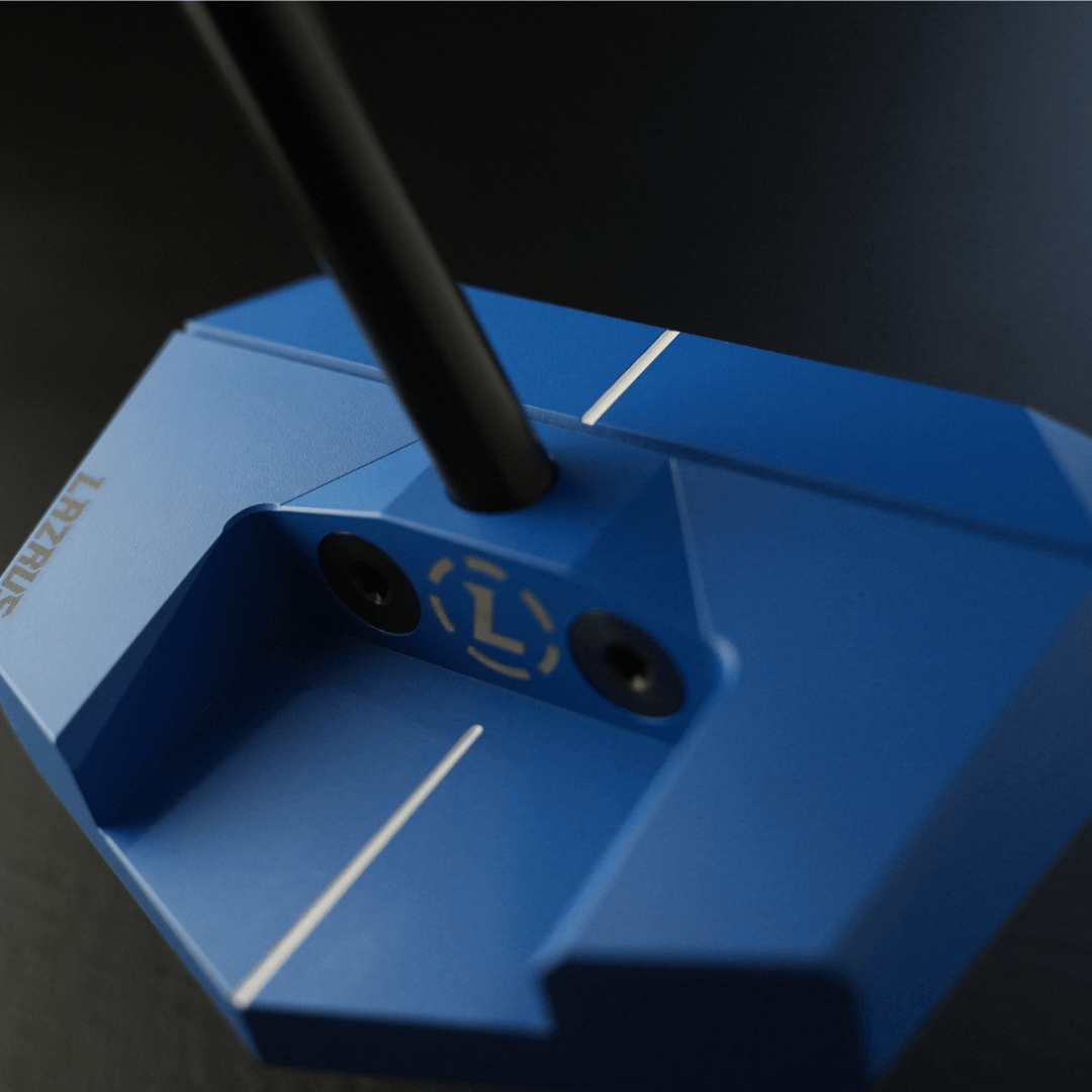 Lazrus LAZ2.5 zero torque mallet putter in Red finish showing The club from the front with the guideline and milled face