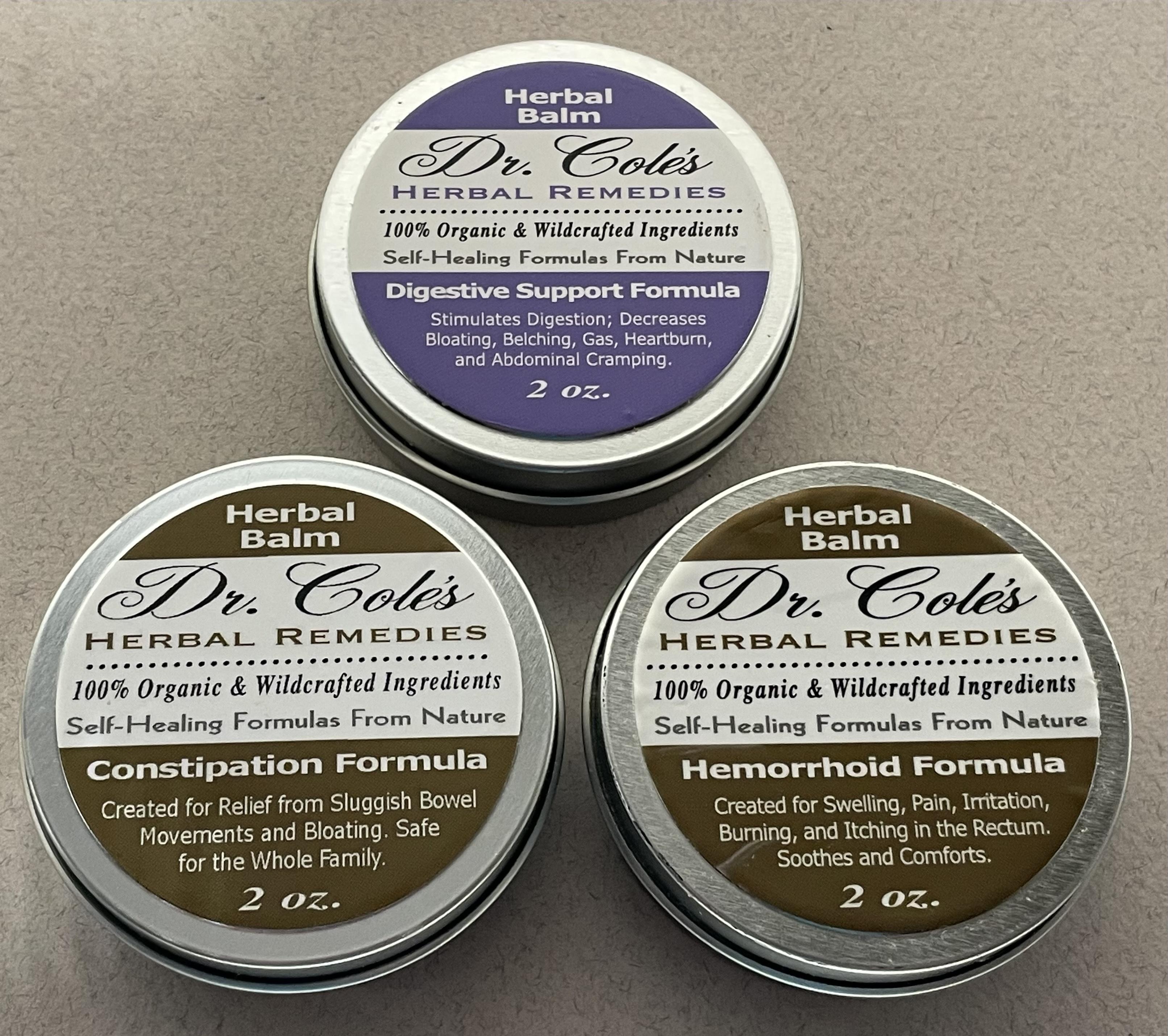 Dr. Cole's Hemorrhoid Balm Front View, Back View and Side View.