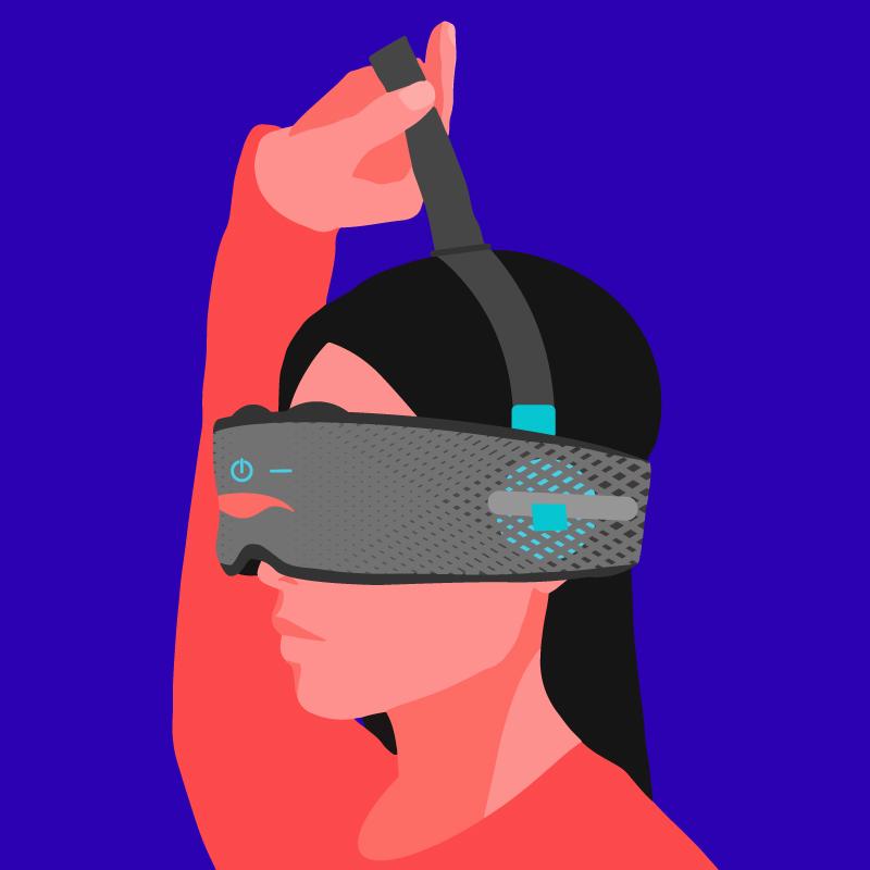 A girl wearing a Bluetooth® sleep mask with an over-head strap pulling the top portion of the strap to adjust it.