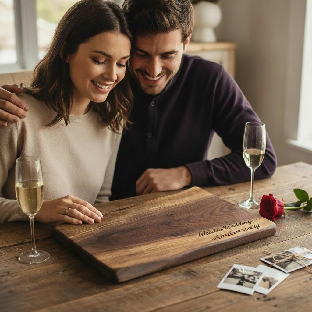 Couple having a wow reaction to their personalized anniversary gift.