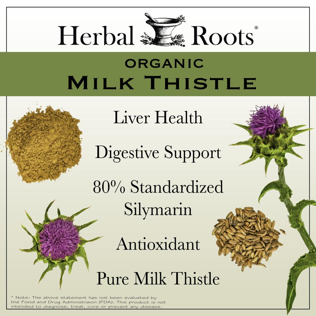 Two milk thistle flowers, a pile of milk thistle powder and a pile of milk thistle seeds with text that says Liver health, digestive support, 80% standardized Silymarin, antioxidant and pure milk thistle