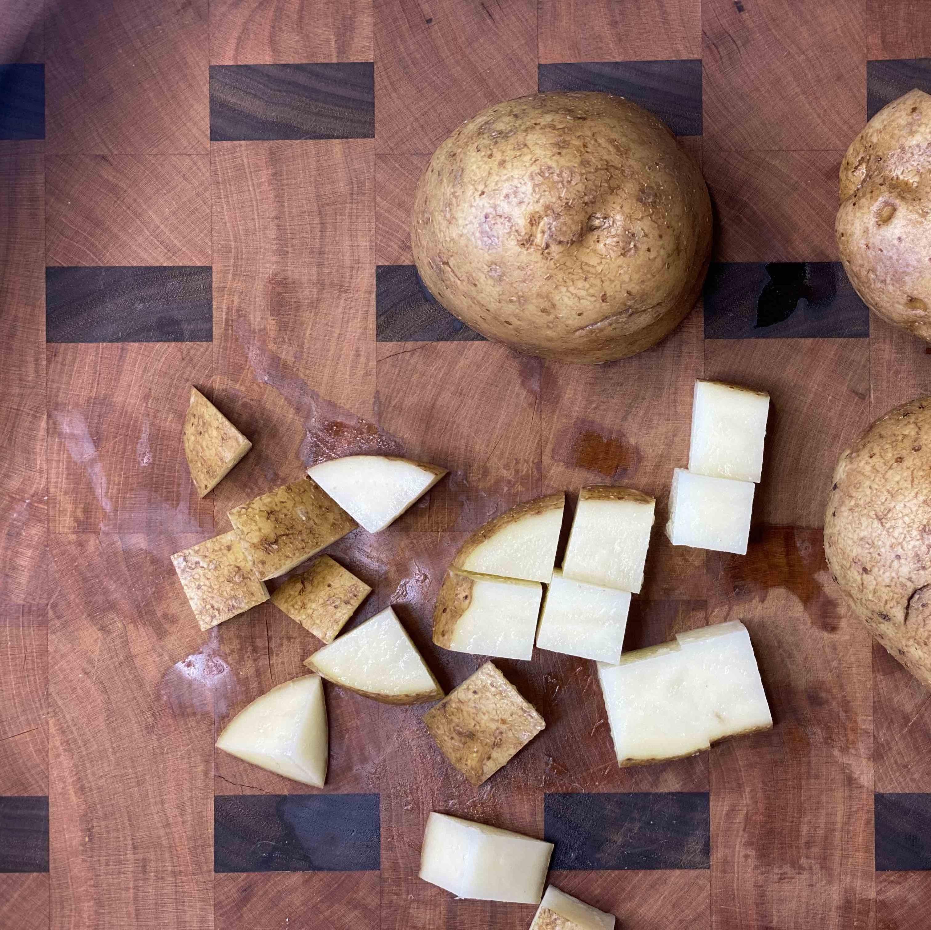 Diced potatoes on an Artisan Revere end grain cutting board