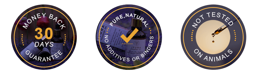 iYURA Trust Badges: 1. 30-Day Money-back Guarantee 2. No Additives or Binders 3. Not Tested on Animals