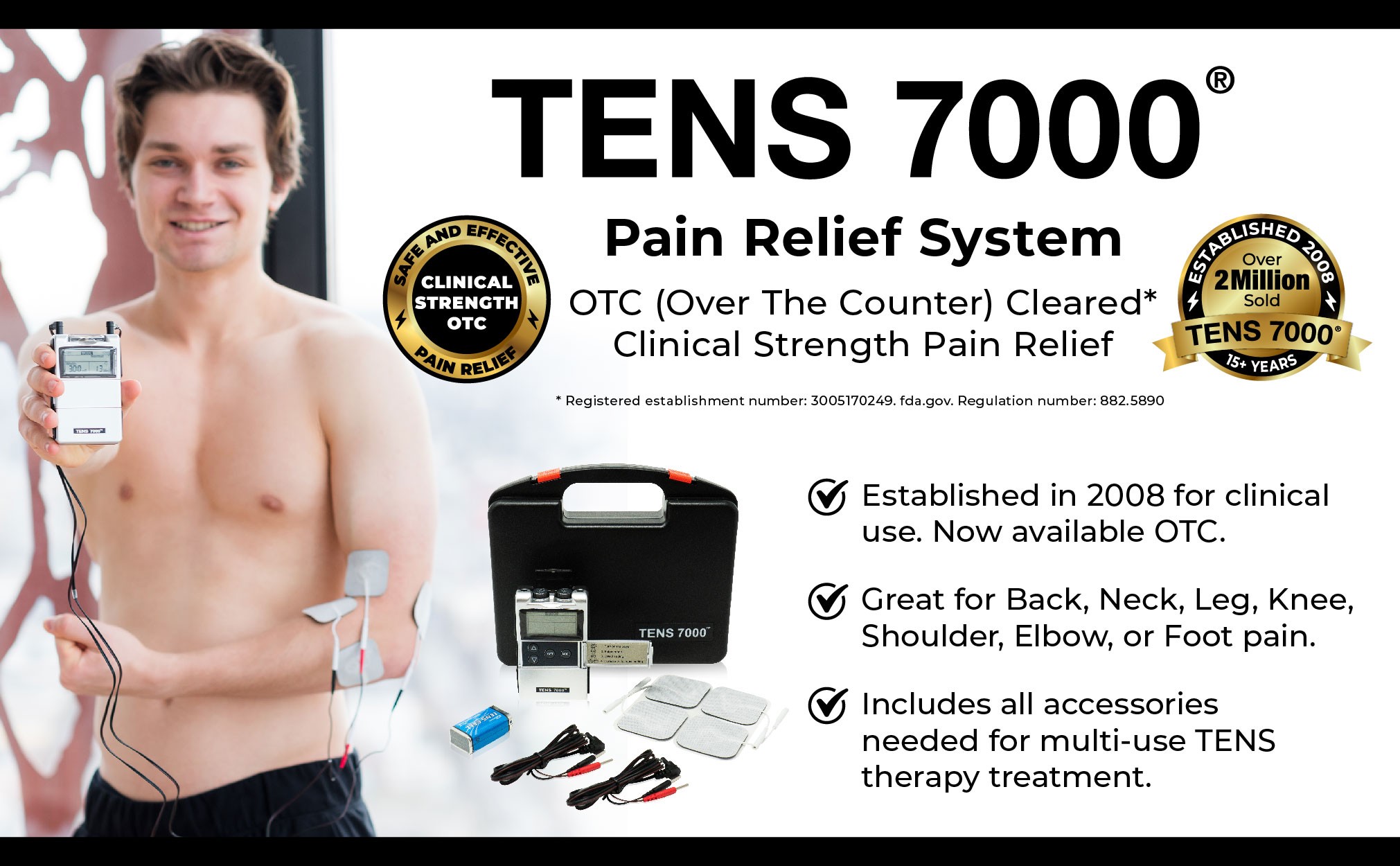 TENS 7000 Pain Relief System: OTC (Over the Counter) Cleared Clinical Strength Pain Relief