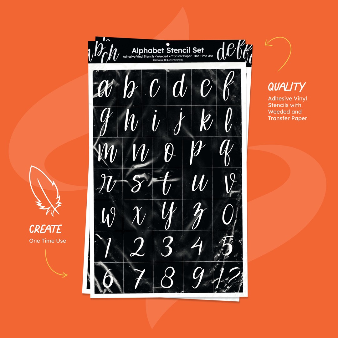 Alphabet Stencil Pack - removable vinyl, weeded, precut with transfer paper  - Scorch Marker