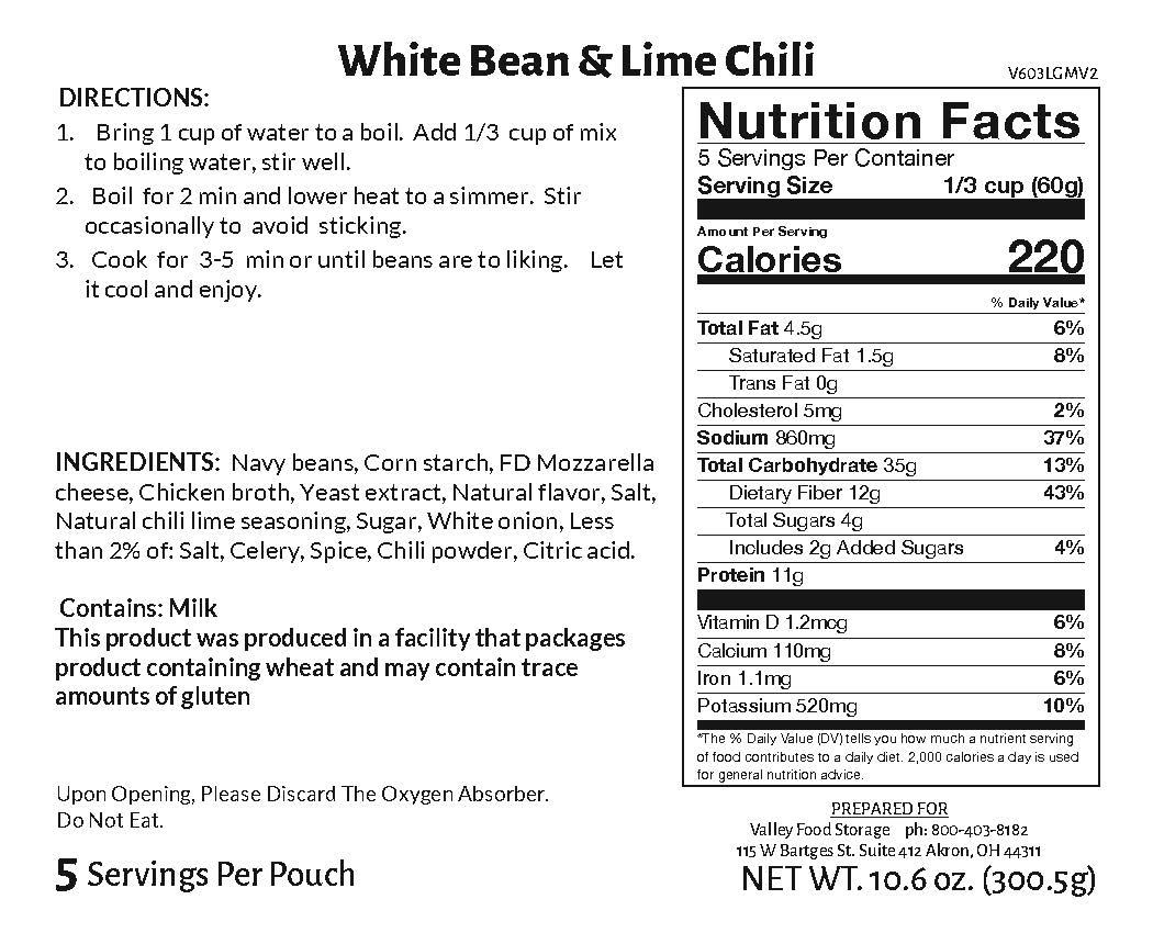 Valley Food Storage White Bean and Lime Chili Long Term Food Storage Nutrition Label
