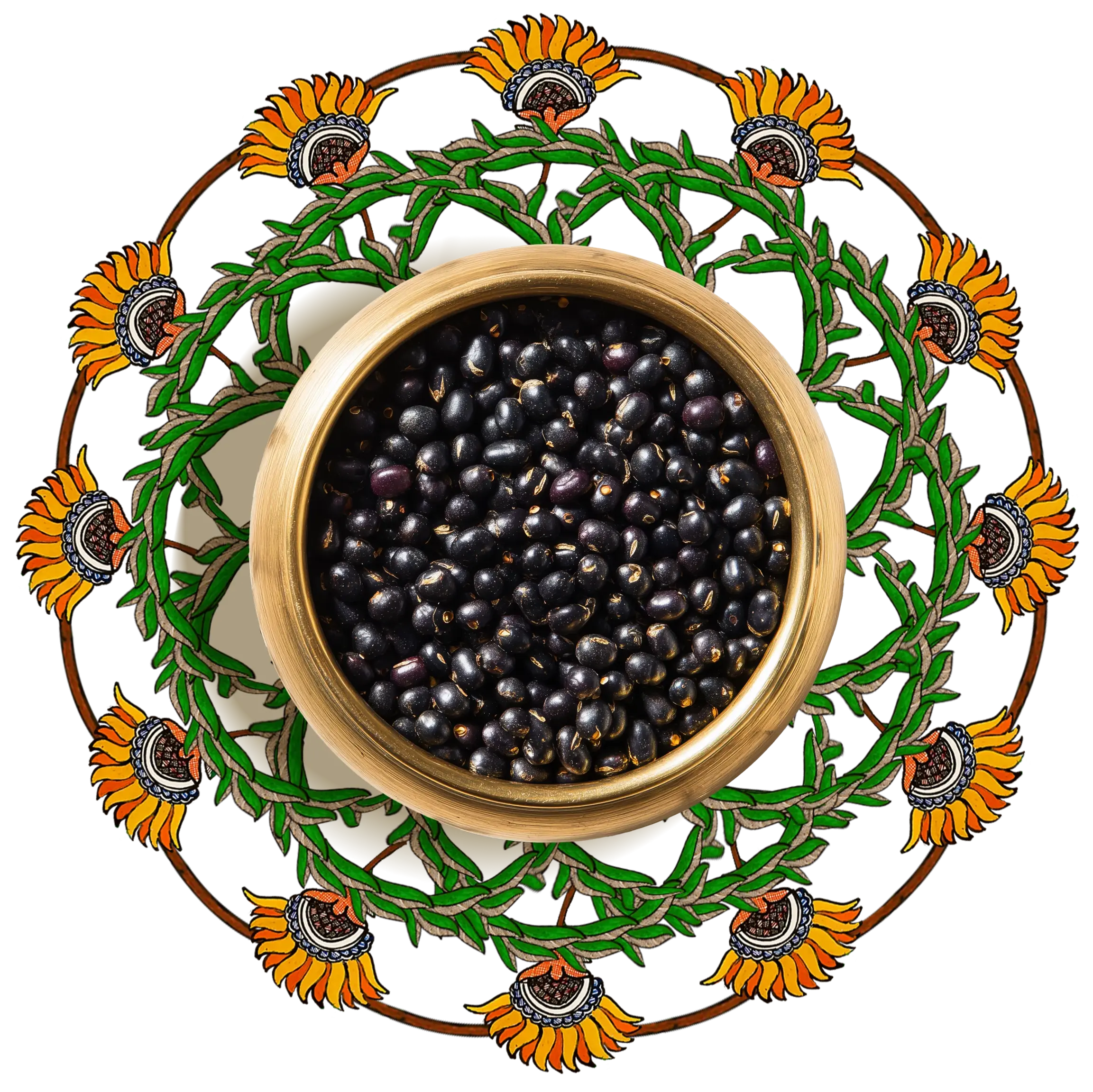 A bottle of Balaayah surrounded by black-grams