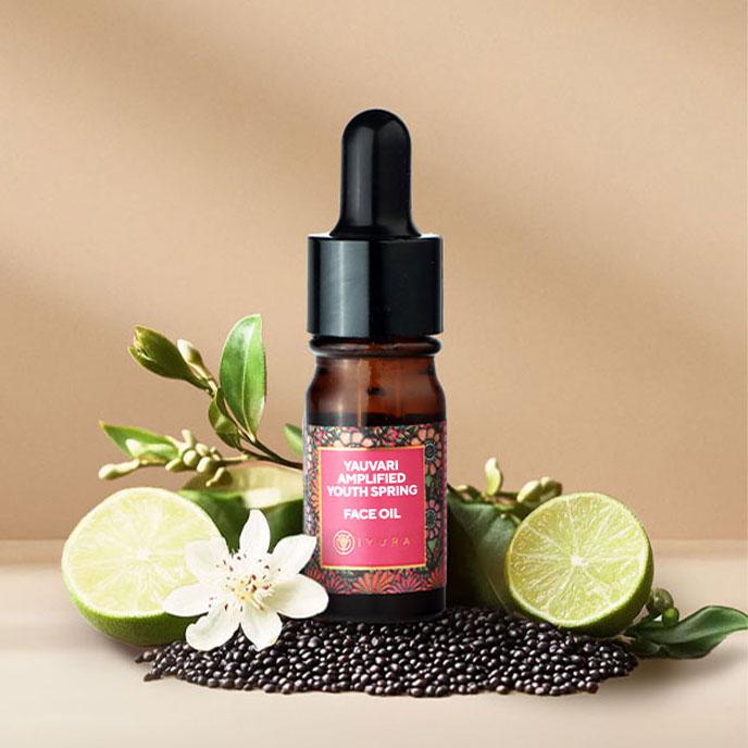 A bottle of Yauvari amplified youth spring with ingredients