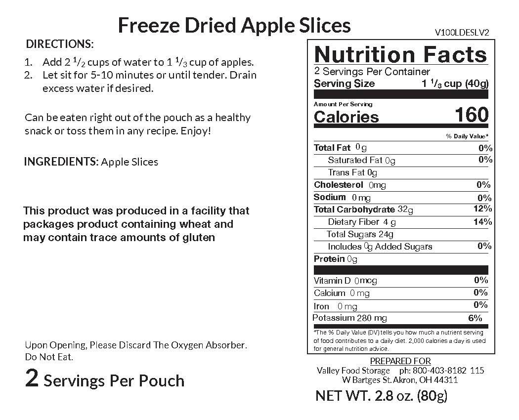 Valley Food Storage Freeze-Dried Apple Slices Long Term Food Storage Nutrition Label