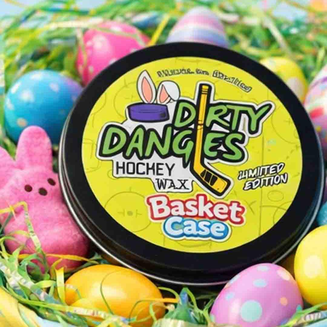 Dirty Dangles Basket Case marshmallow candy scented hockey wax in a Easter basket with colorful eggs and Peeps candies.