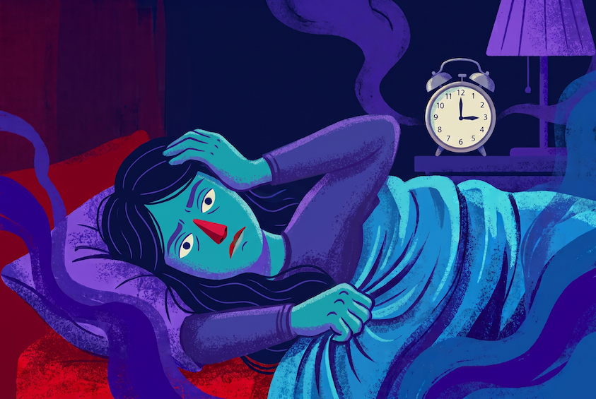 Woman lying awake in a dark bedroom, clock reading 3:00 — perimenopause waking up at 3am.