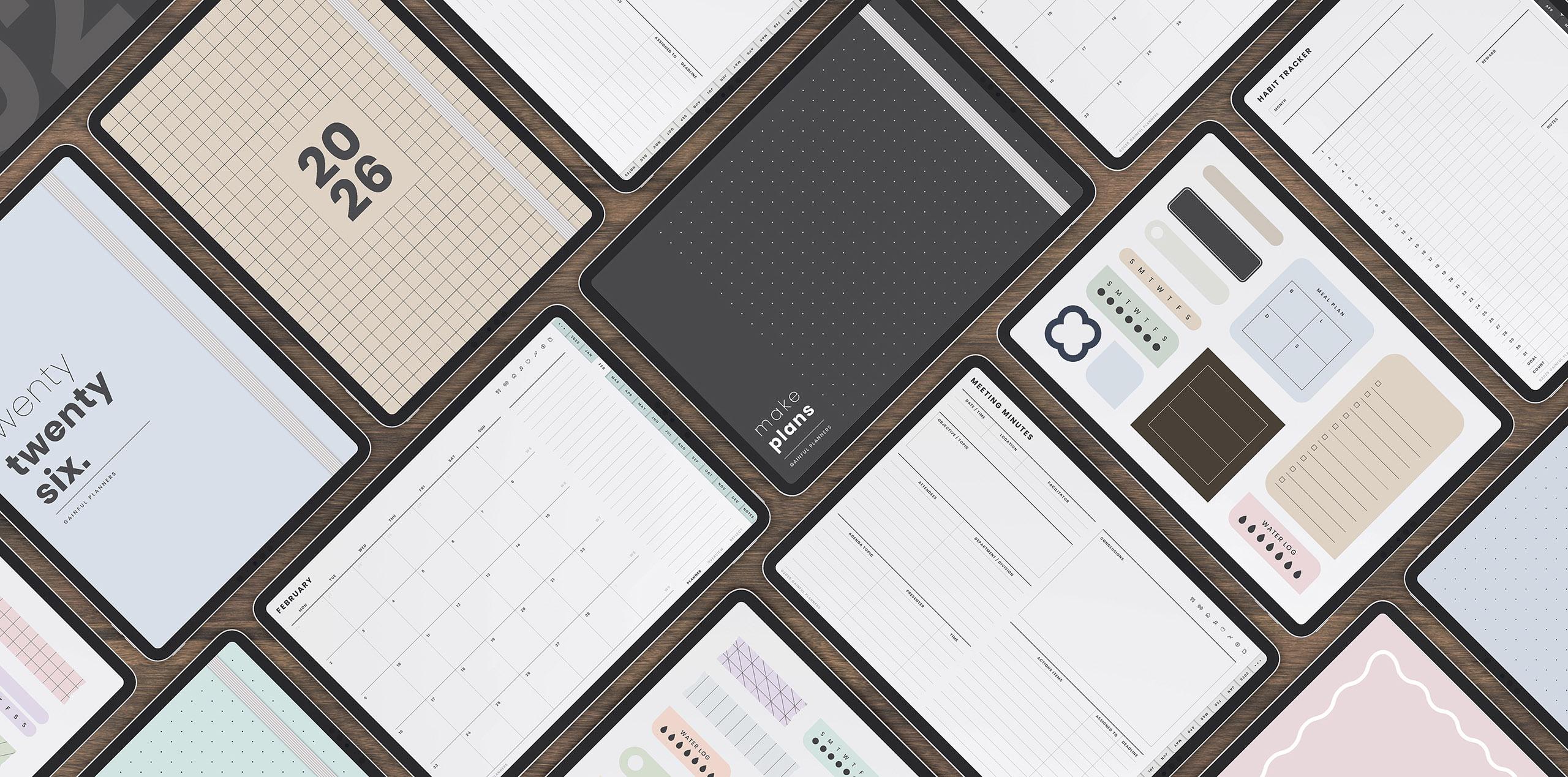 Preview of the free digital planner pack and stickers, displayed as planning layouts on iPad