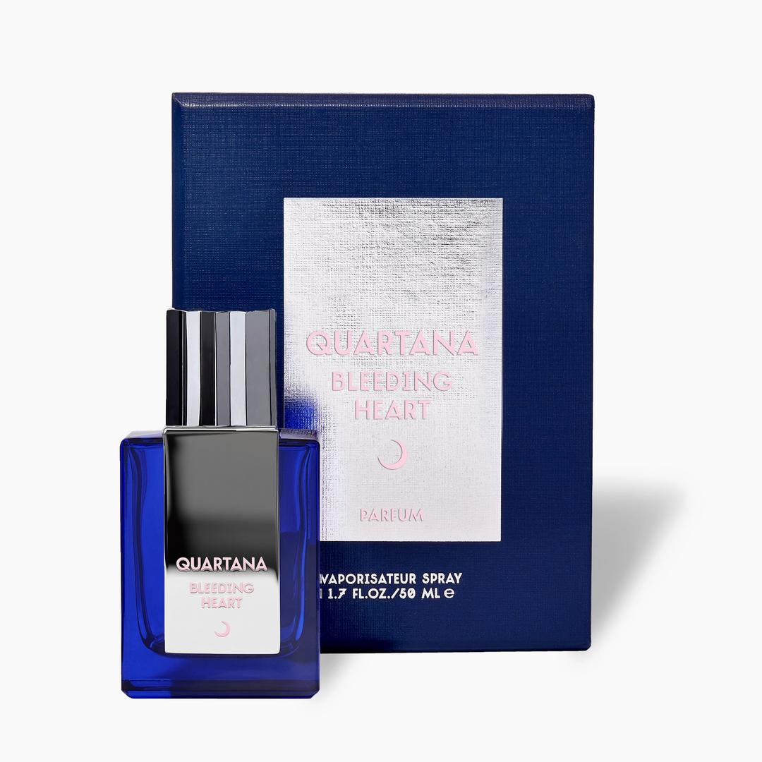 Bleeding Heart blue 50mL bottle with blue box in front of white background