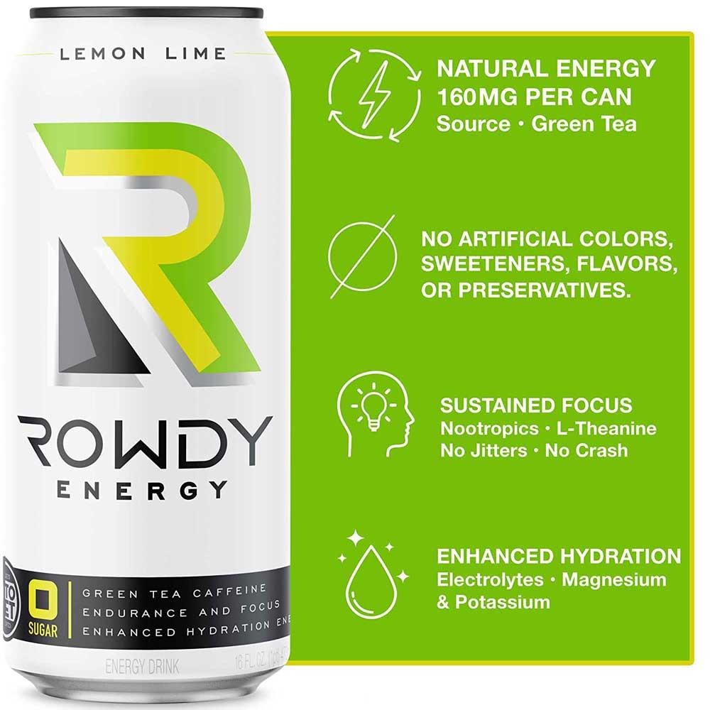 Rowdy Energy Drink Zero Sugar Lemon Lime, Energy Drink, Lemon Lime Flavor, 12-Pack