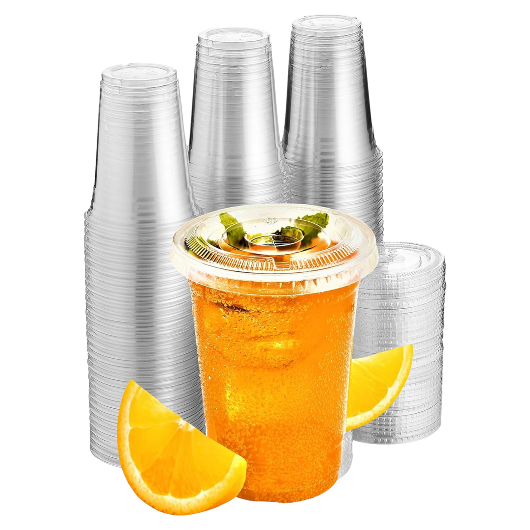 16 oz. Plastic Clear Cups With Flat Lids Pack of 100