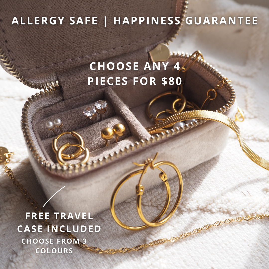 Champagne coloured travel case with a selection of gold stainless steel jewellery inside. Choose any 4 items for $80. Free travel case included - choose from 3 colours. Allergy safe, happiness guarantee.