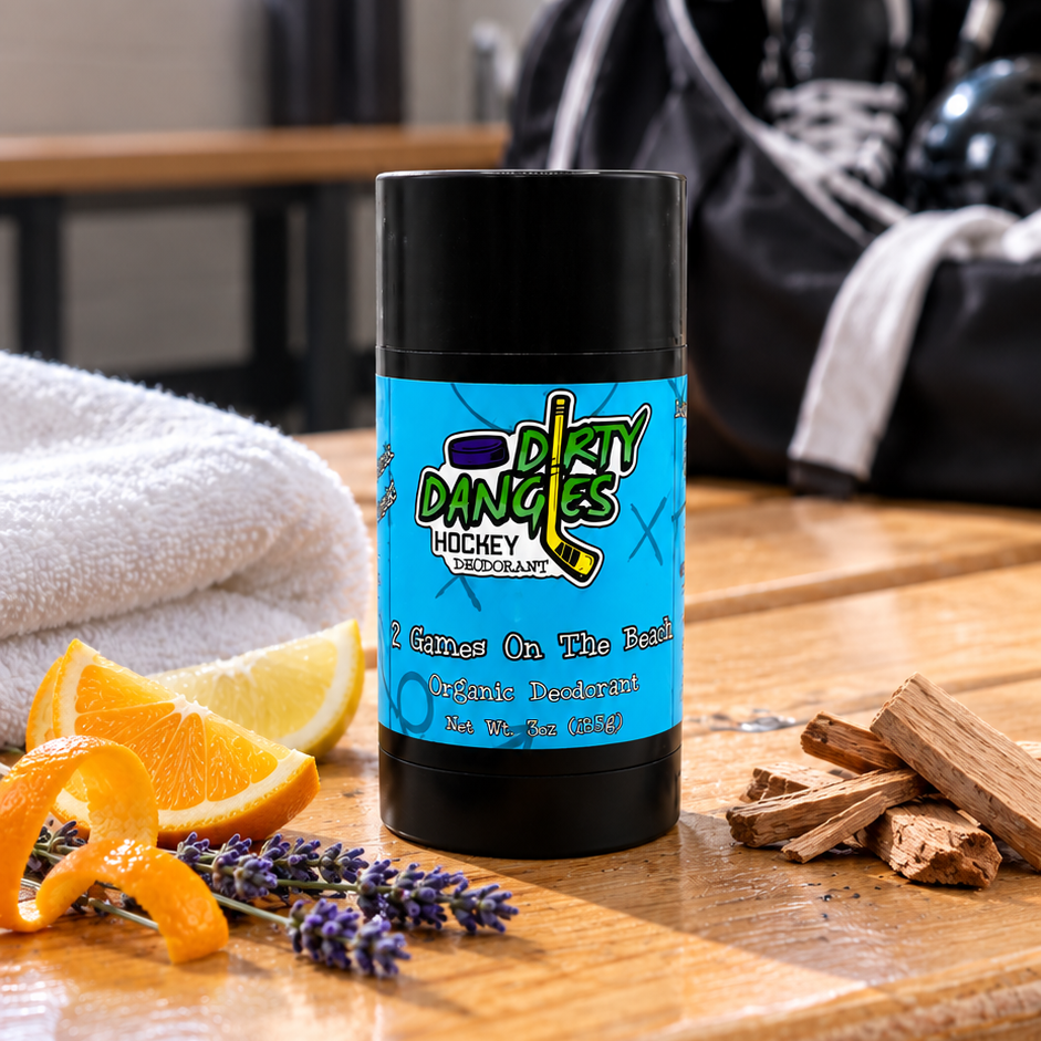 aluminum-free deodorant 2 games on the beach scent on a wooden bench in a hockey locker room with citrus, lavender and sandalwood