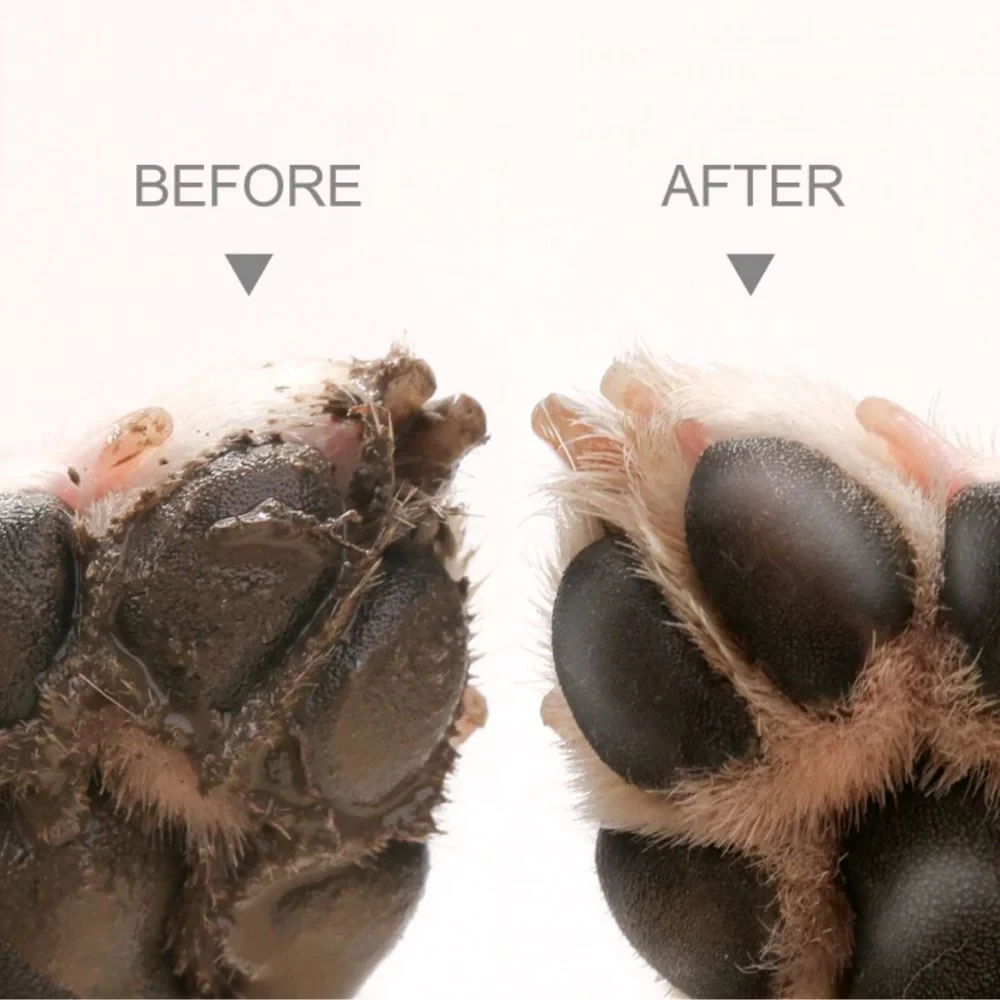 A before and after of the dog paw cleaner in action