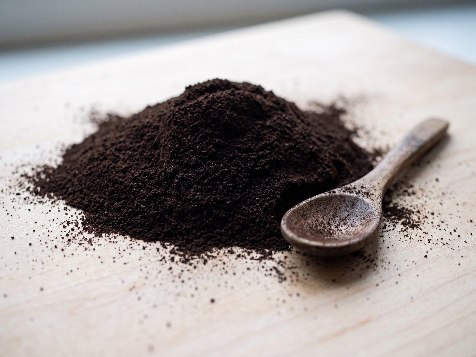 Fine dark chaga powder on a birch wood board with a wooden spoon