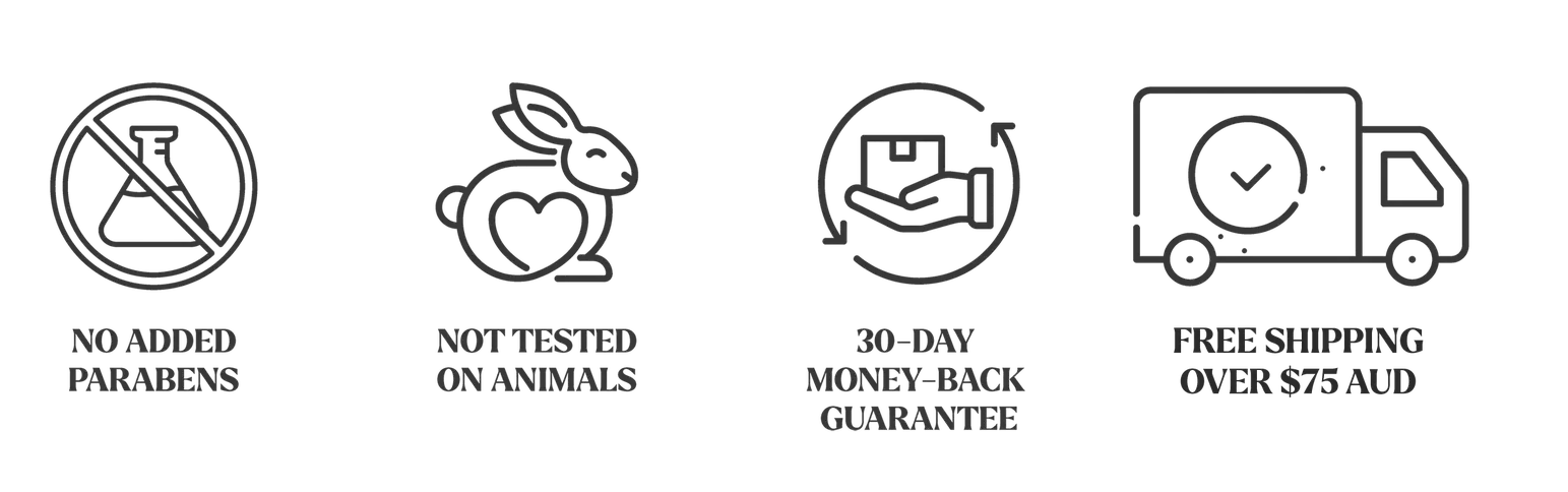 icons 1dermatologically tested | no added parabens |vegan| not tested on animals | 30 day money back guarantee | free shipping