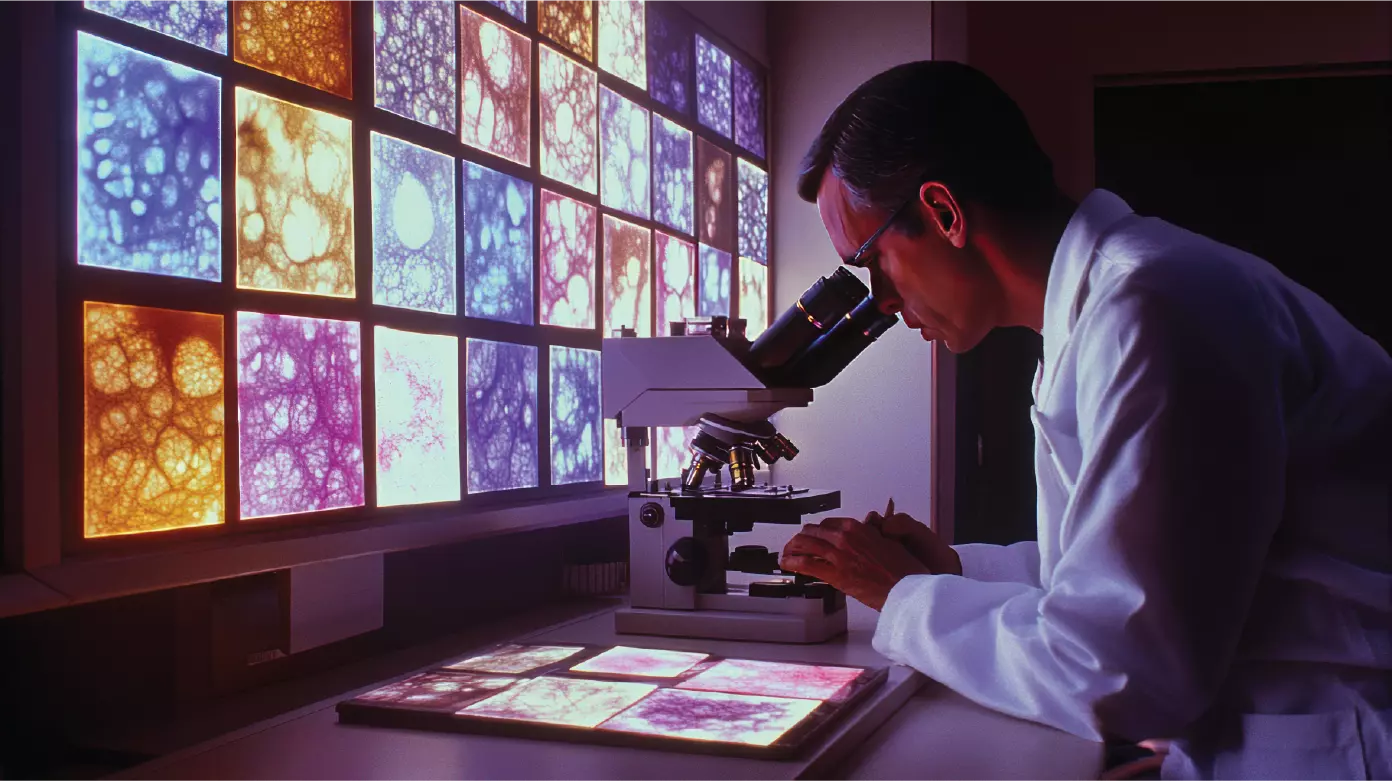 Lab technician examining microscope slides with colorful histology samples during slide preparation
