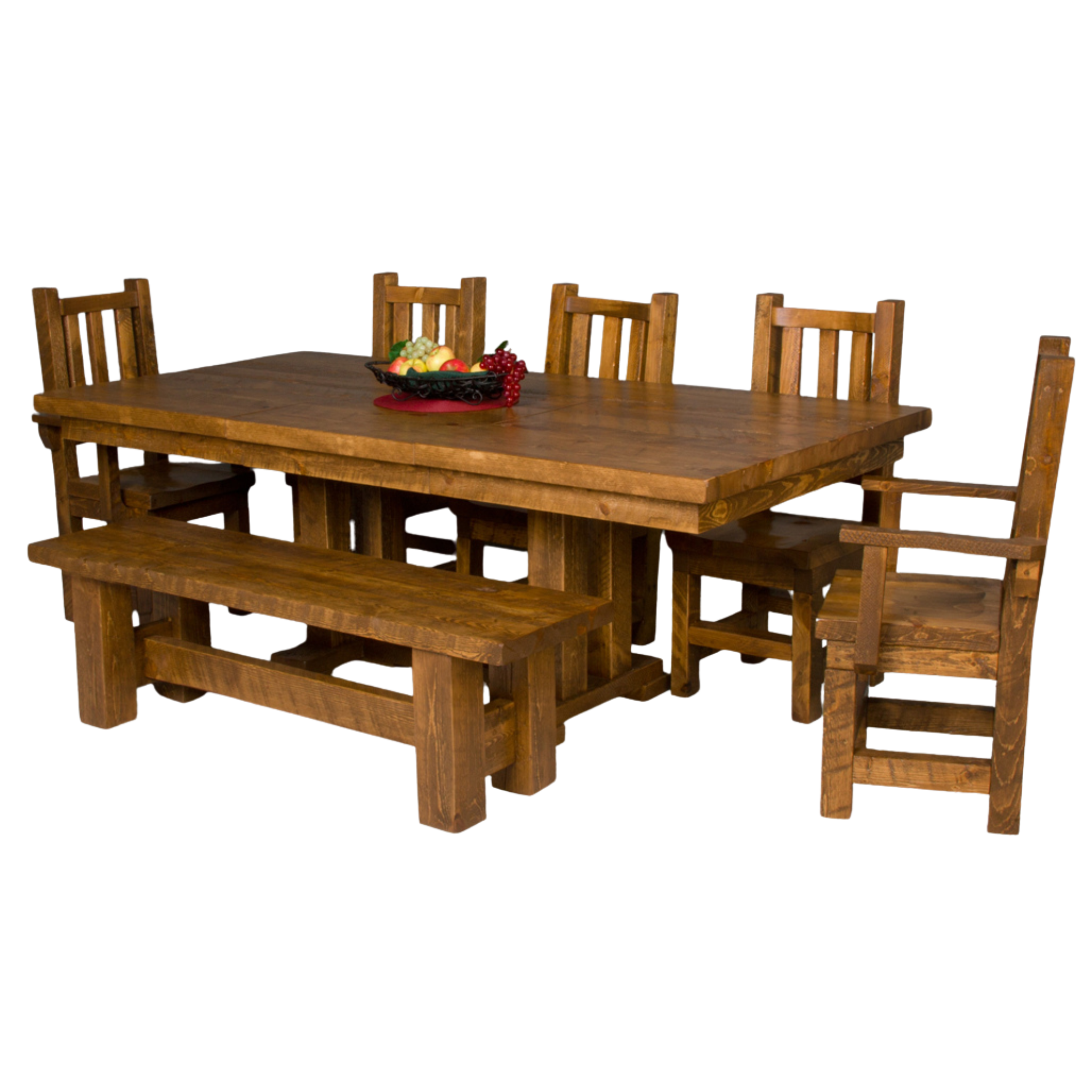 Viking Log Barnwood Trestle Dining Table with bench & chairs