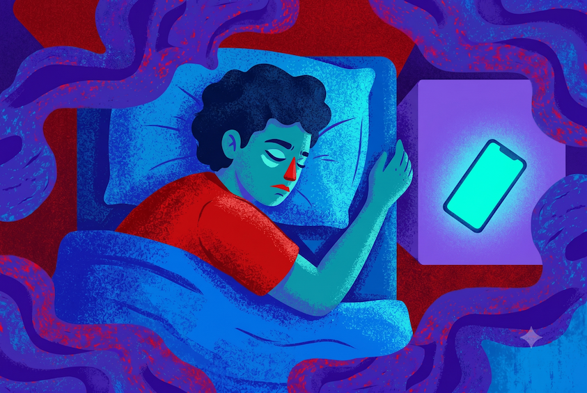Person asleep in bed beside a glowing phone on the nightstand — editorial illustration for an article on how electronics affect sleep.