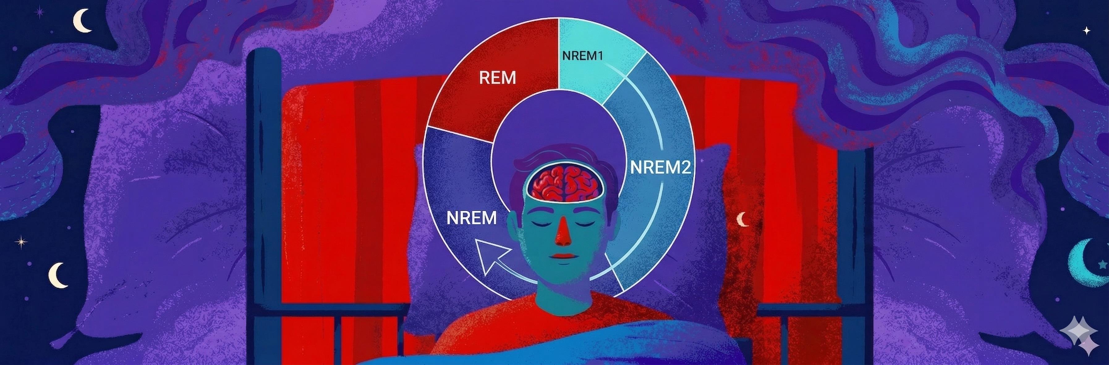 A sleeping man cycling through the NREM sleep stages. Above his head is a circle diagram that represents the sleep cycle and its 4 stages.