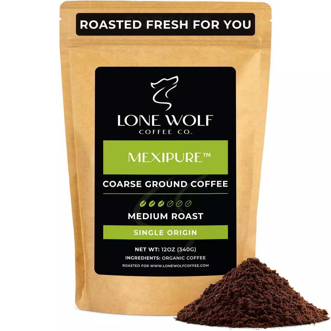 One 12oz bag of Lone Wolf Coffee’s Mexipure Medium Roast Coarse Ground coffee bag product photo