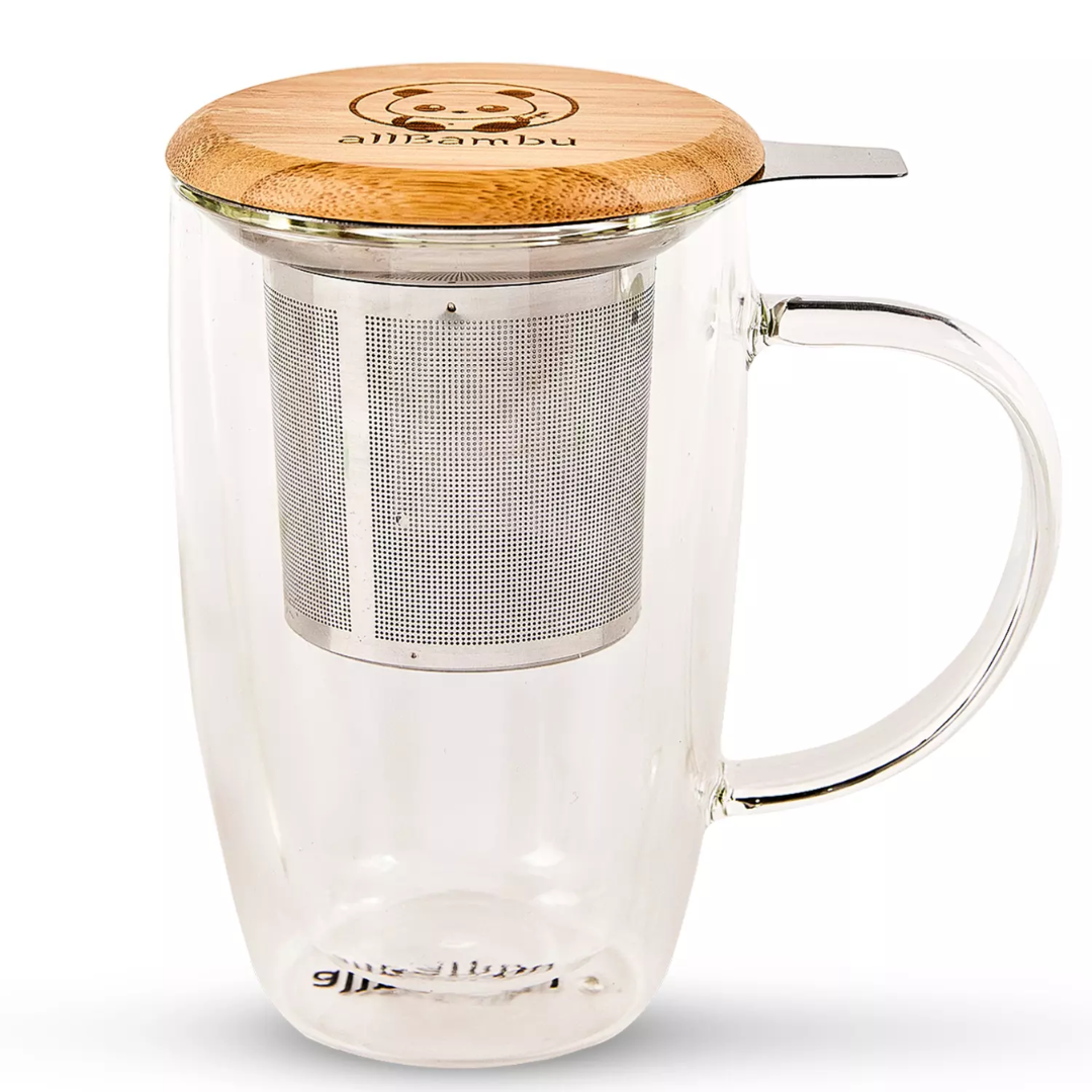 double wall glass cup with tea duffuser