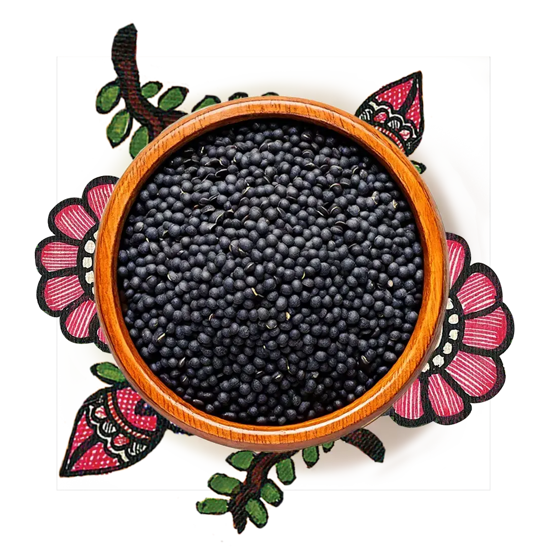 Sesame seeds and it's oil kept in a glass bowl over a artwork of a pink flower