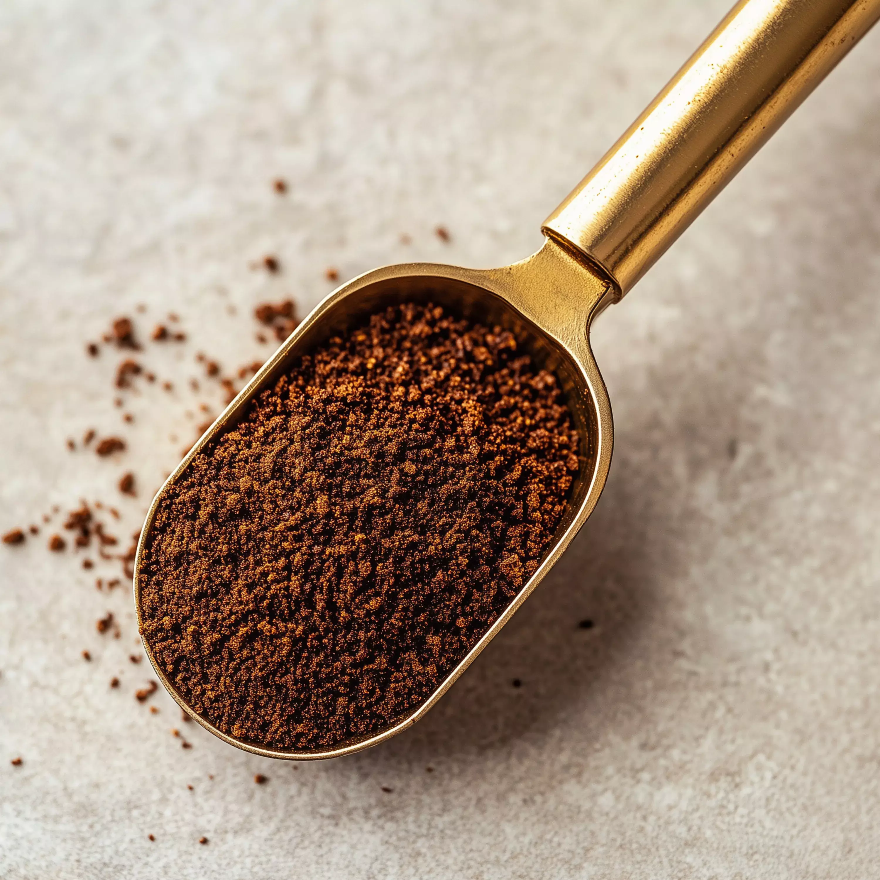 Golden scoop with coarse-ground coffee and scattered grounds for the Coarse Ground Coffee category.