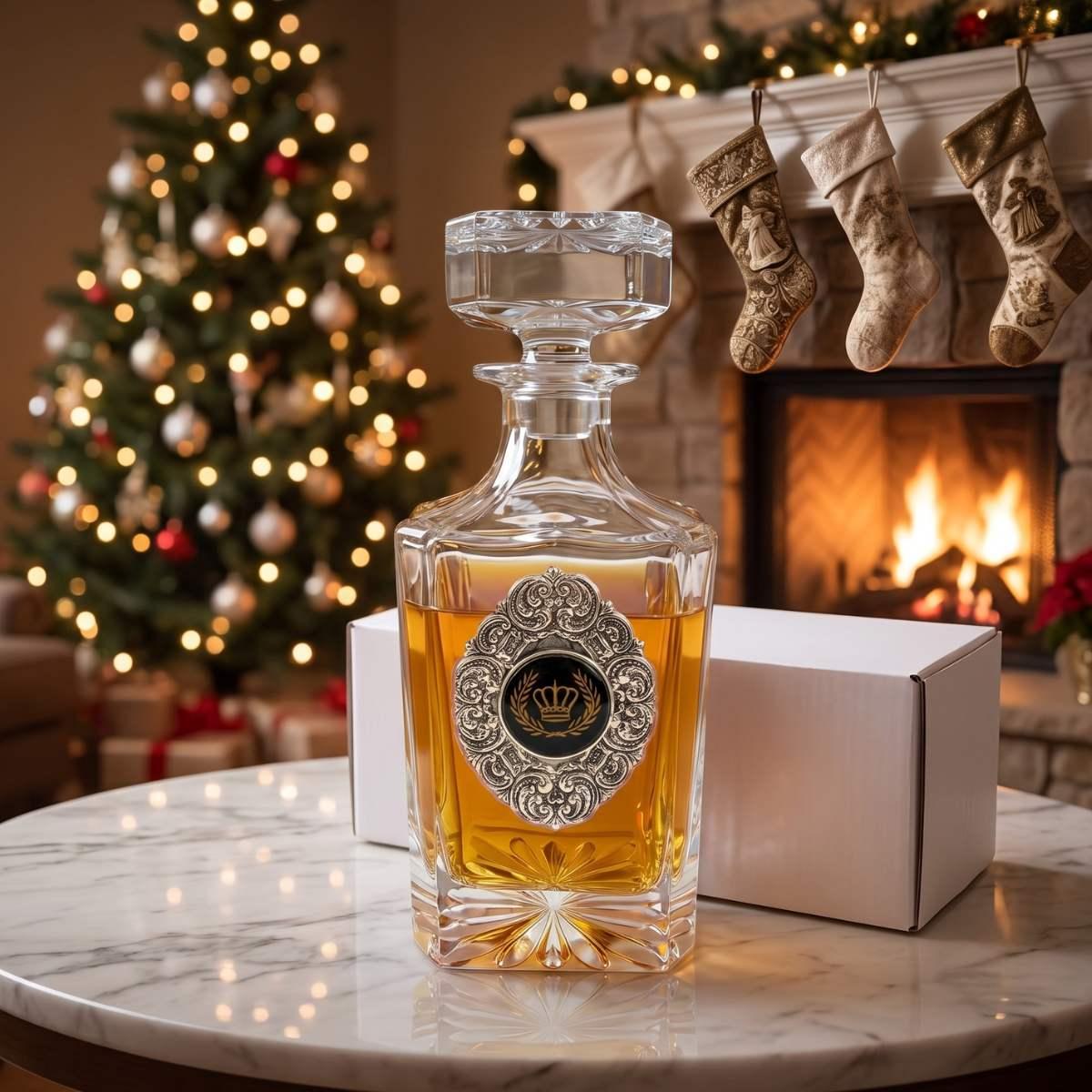 Custom Decanter with Silver Medallion and corporate logo